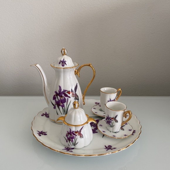 Fine Porcelain 9 Pcs Purple Floral Miniature Tea Set With Decal - Picture 2 of 6